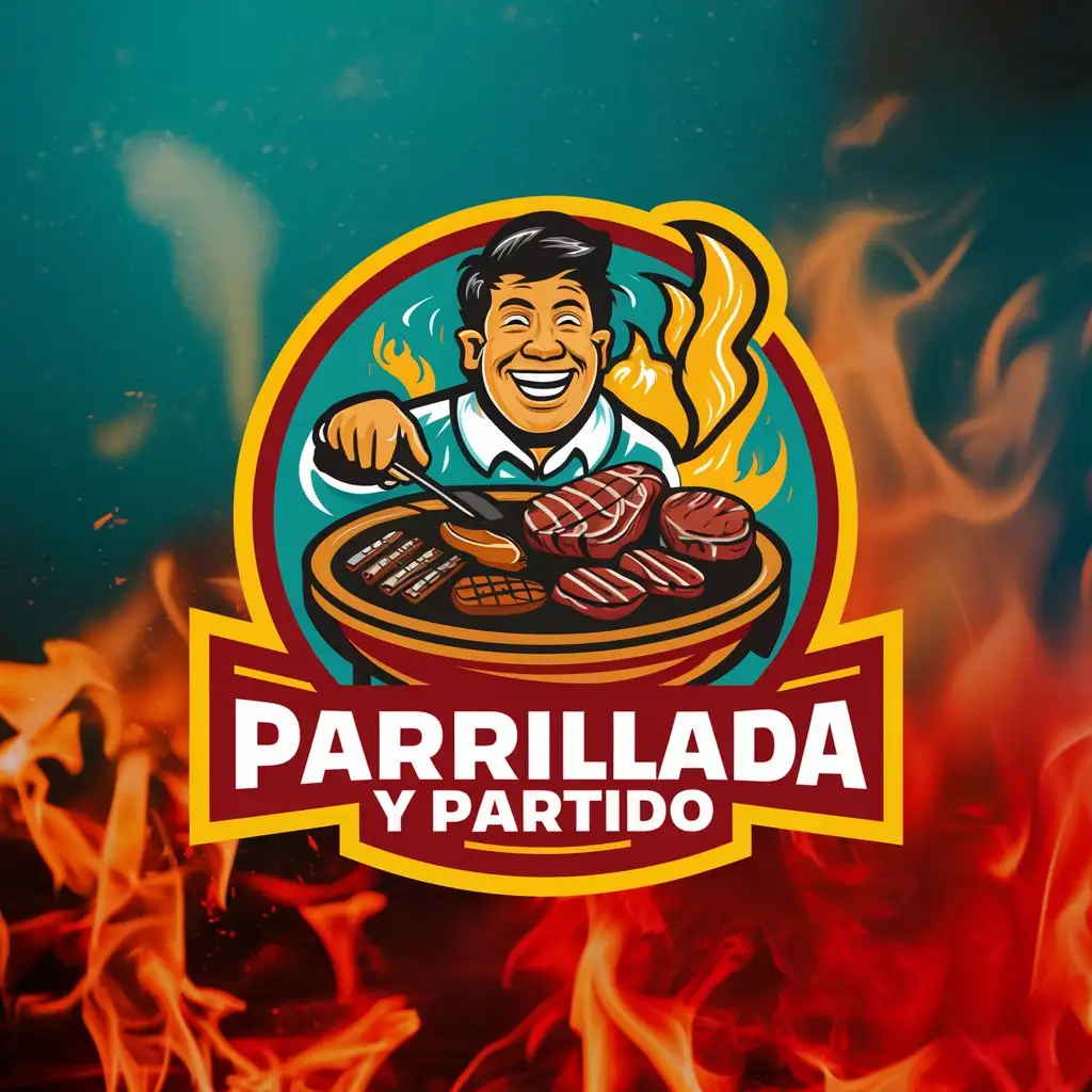 a logo design,with the text "parrillada and partido", main symbol:mexican man grilling happy excited  fire colorful turquoise yellows reds meat,complex,be used in Retail industry,clear background