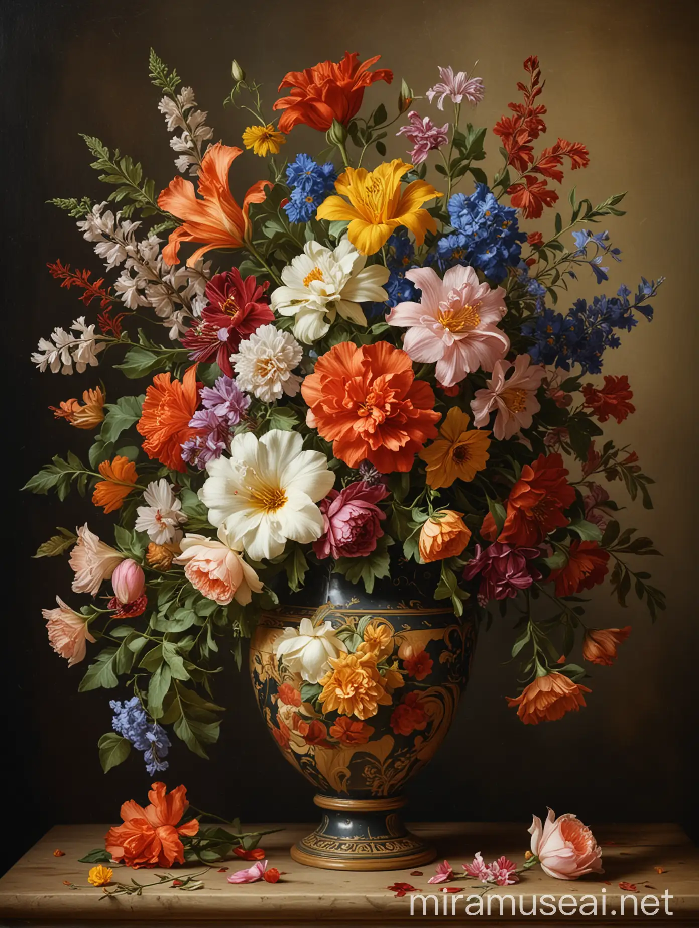 Renaissance Oil Painting Vase of Flowers Still Life