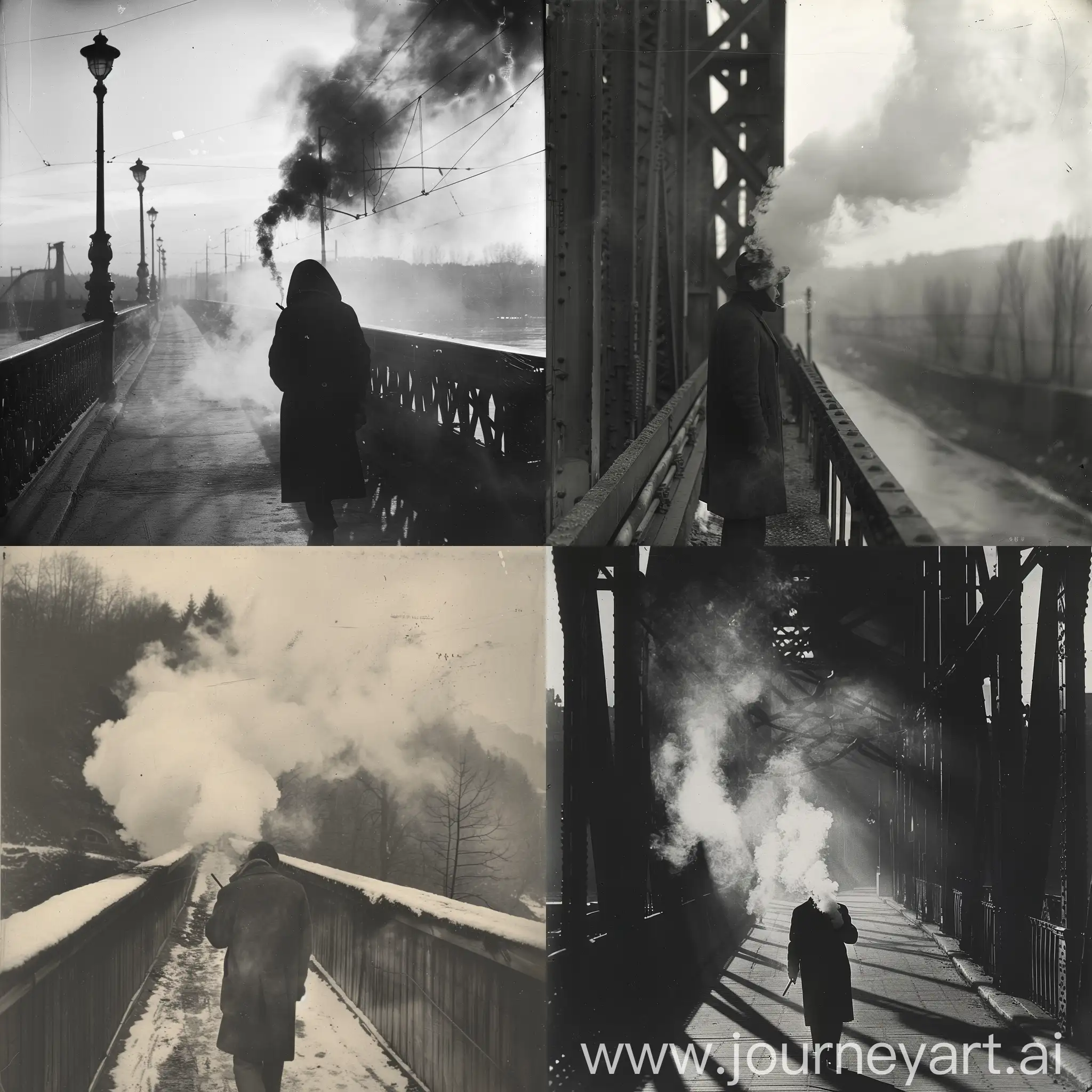 Person-Walking-Backwards-on-Bridge-Smoking-Vintage-Black-and-White-Photo