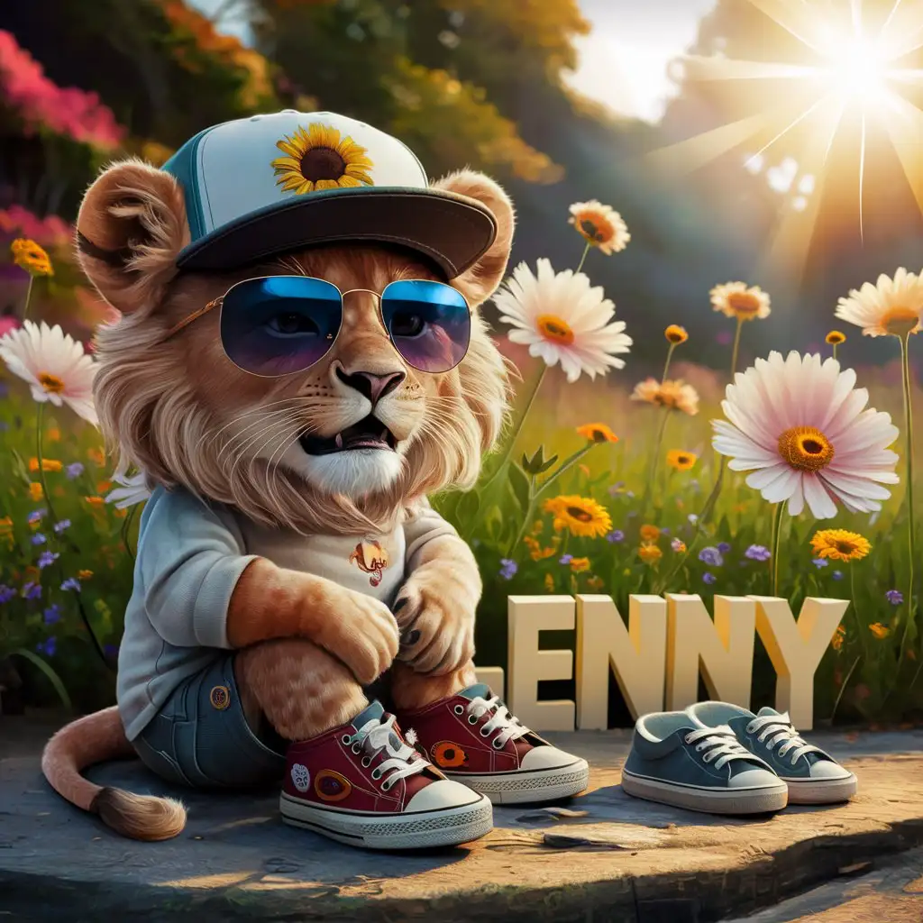 text: ''Lenny '', big letters,blumen, wiese, sonne, paradise, see, fotorealistisch, kleiner löwe in menschlicher form mit sonnenbrille, cap und hose und sneakern, sitzt neben dem text