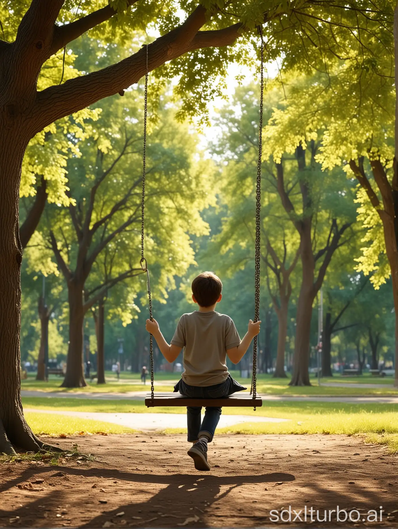 公園で後ろ向きでブランコに座る少年、寂しそうな少年の後ろ姿、傑作、リアルな公園
