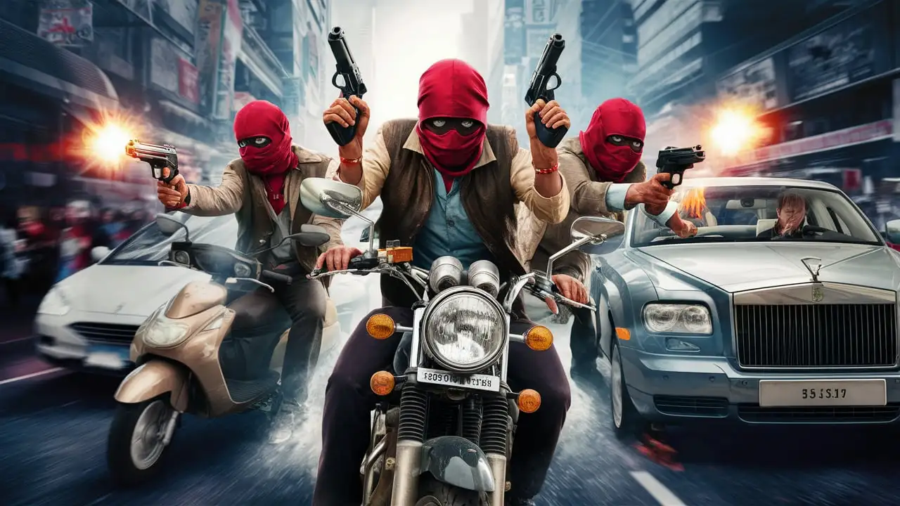 Three Indian masked people riding on a bike are trying to stop the car by showing guns
