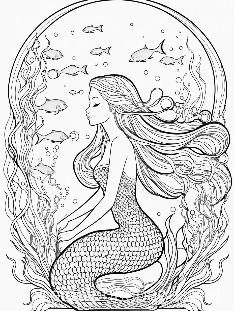 A mermaid surrounded by bioluminescent plankton lighting up the water., Coloring Page, black and white, line art, white background, Simplicity, Ample White Space. The background of the coloring page is plain white to make it easy for young children to color within the lines. The outlines of all the subjects are easy to distinguish, making it simple for kids to color without too much difficulty