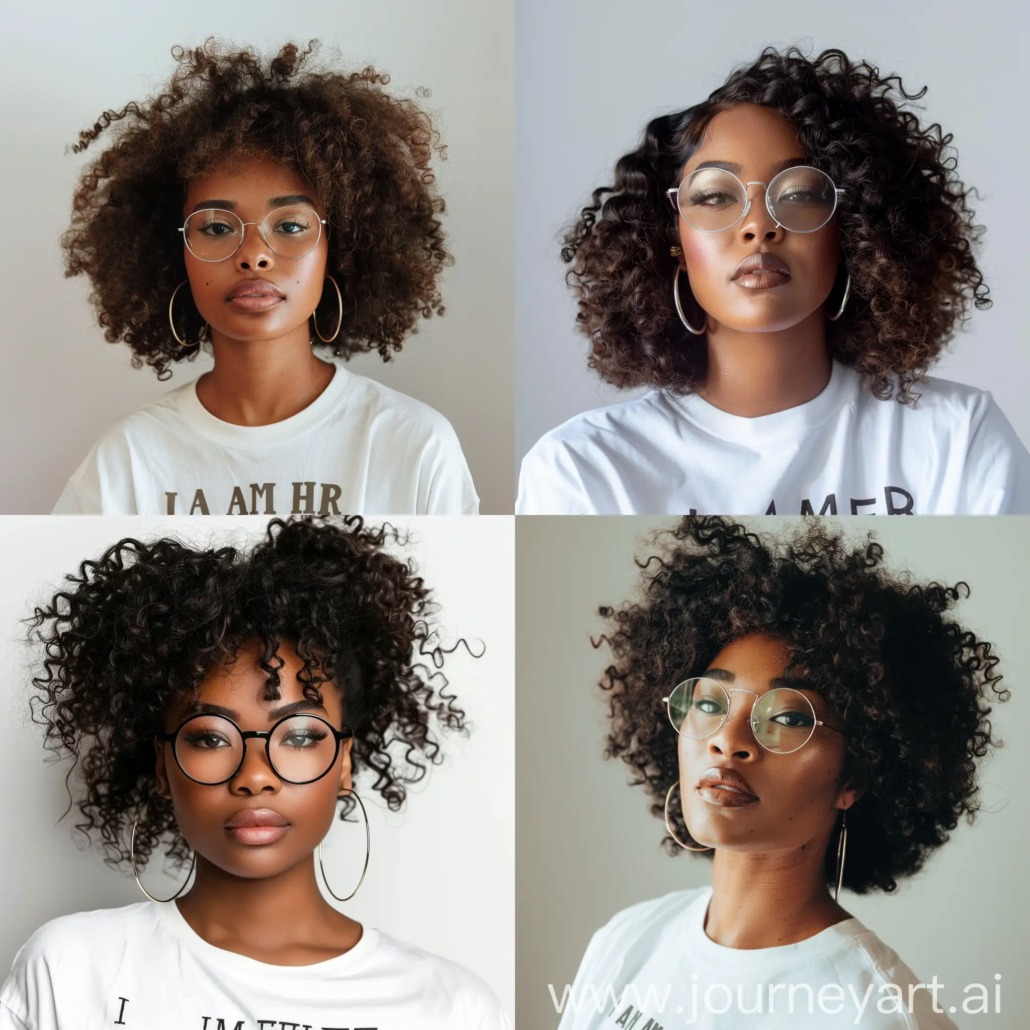 Create a beautiful African American woman with full beautiful curly hair with hoop earrings and soft dewy makeup and a white shirt that says I AM HER she should be wearing glasses and standing in front of a solid white background
