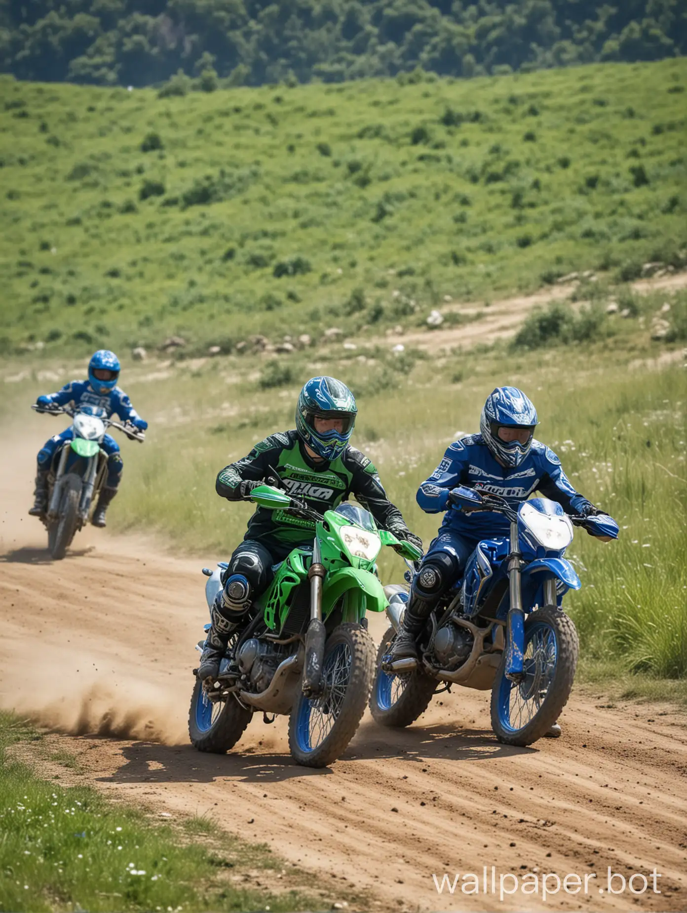 moto race, two bikers, green and blue