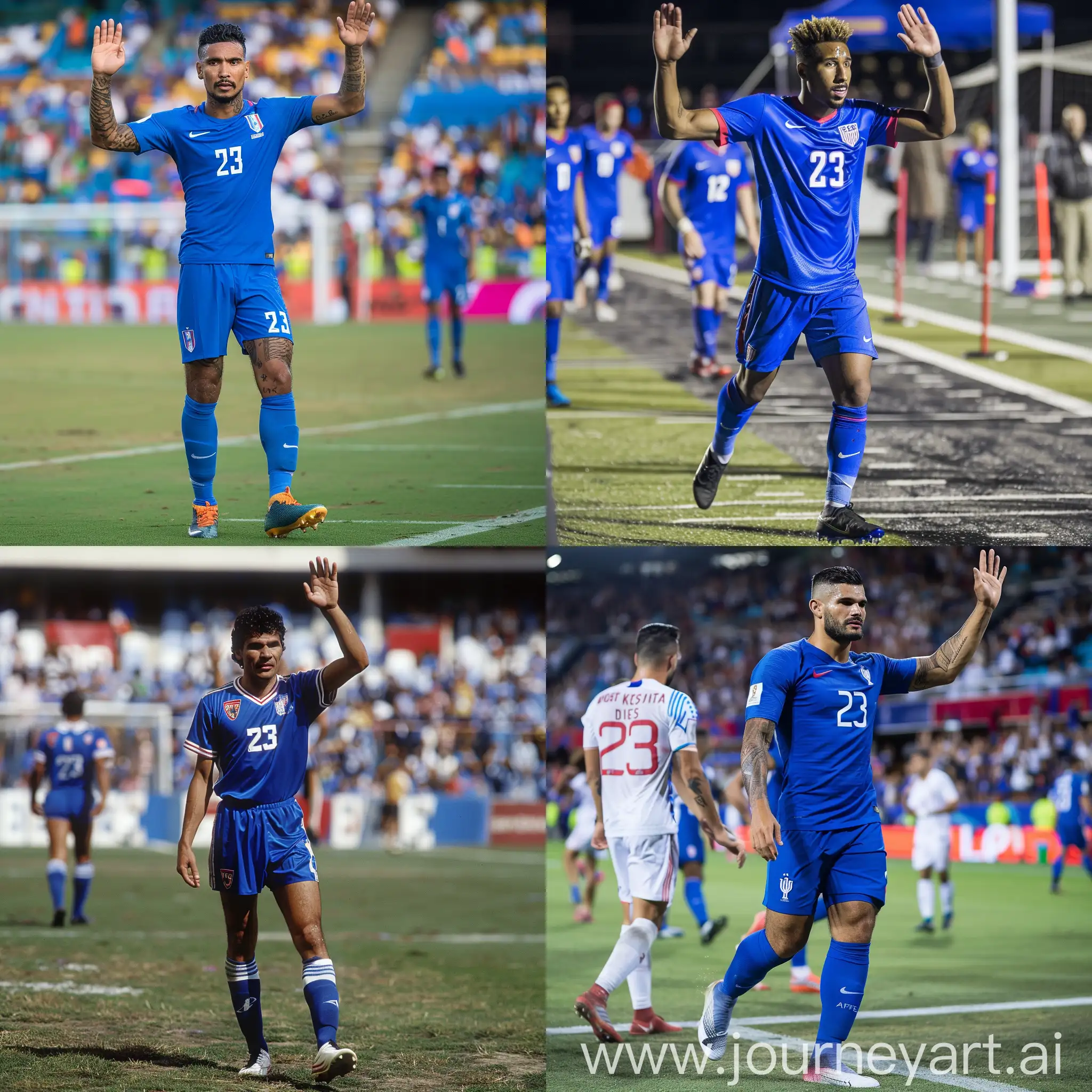 v soccer player with blue uniform and number 23 and his legs can be seen from the full shot view is waving and looking at the spectators while leaving the football field.