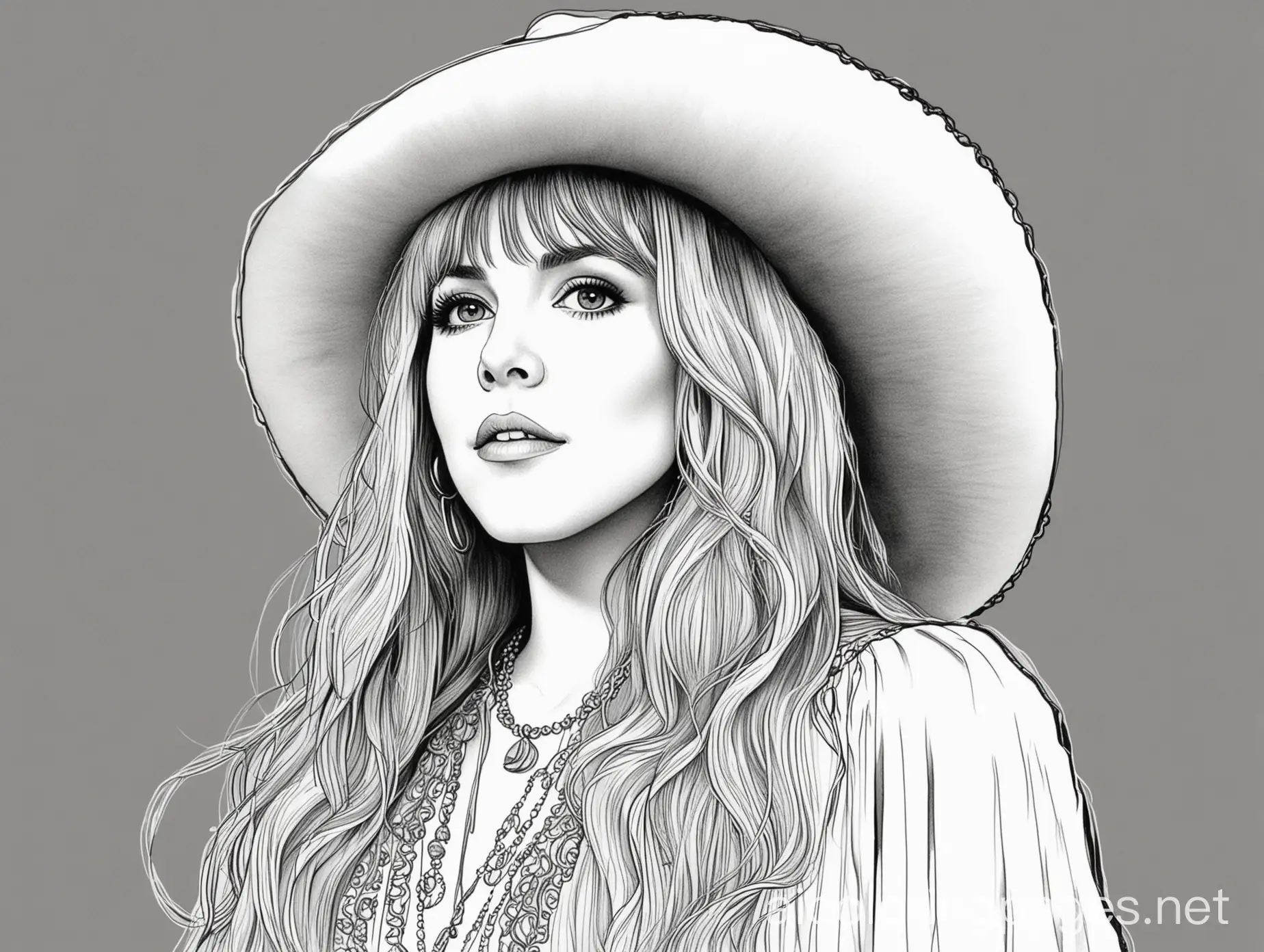 Stevie Nicks In Concert , Coloring Page, black and white, line art, white background, Simplicity, Ample White Space. The background of the coloring page is plain white to make it easy for young children to color within the lines. The outlines of all the subjects are easy to distinguish, making it simple for kids to color without too much difficulty 