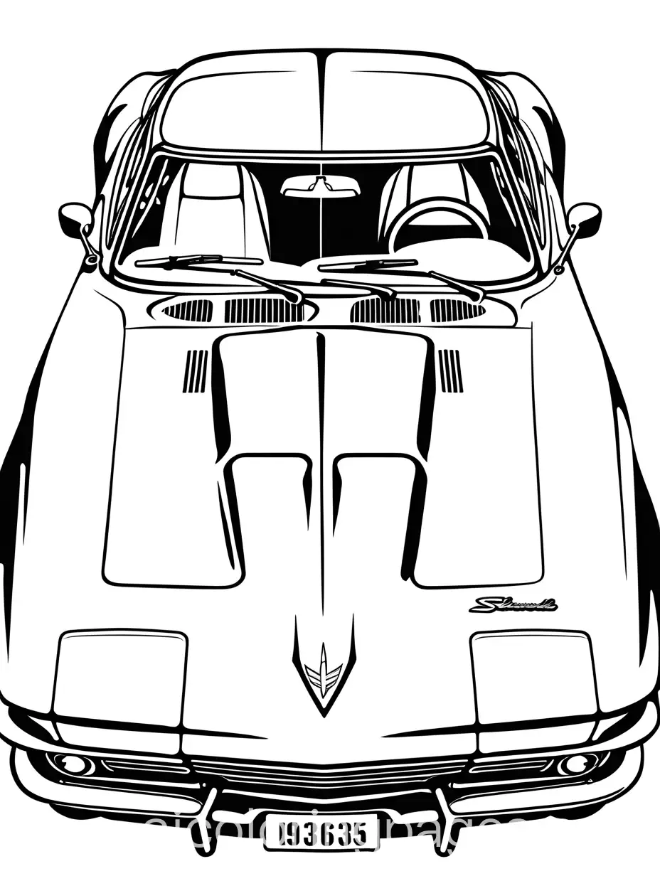 1963 Chevrolet corvette, Coloring Page, black and white, line art, white background, Simplicity, Ample White Space. The background of the coloring page is plain white to make it easy for young children to color within the lines. The outlines of all the subjects are easy to distinguish, making it simple for kids to color without too much difficulty