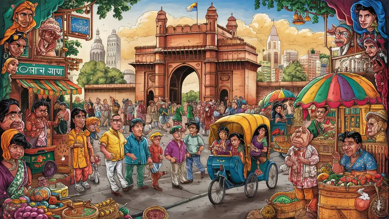 Create a busy street of Mumbai in the style of Indian artist Mario Miranda, vivid colours, 4k