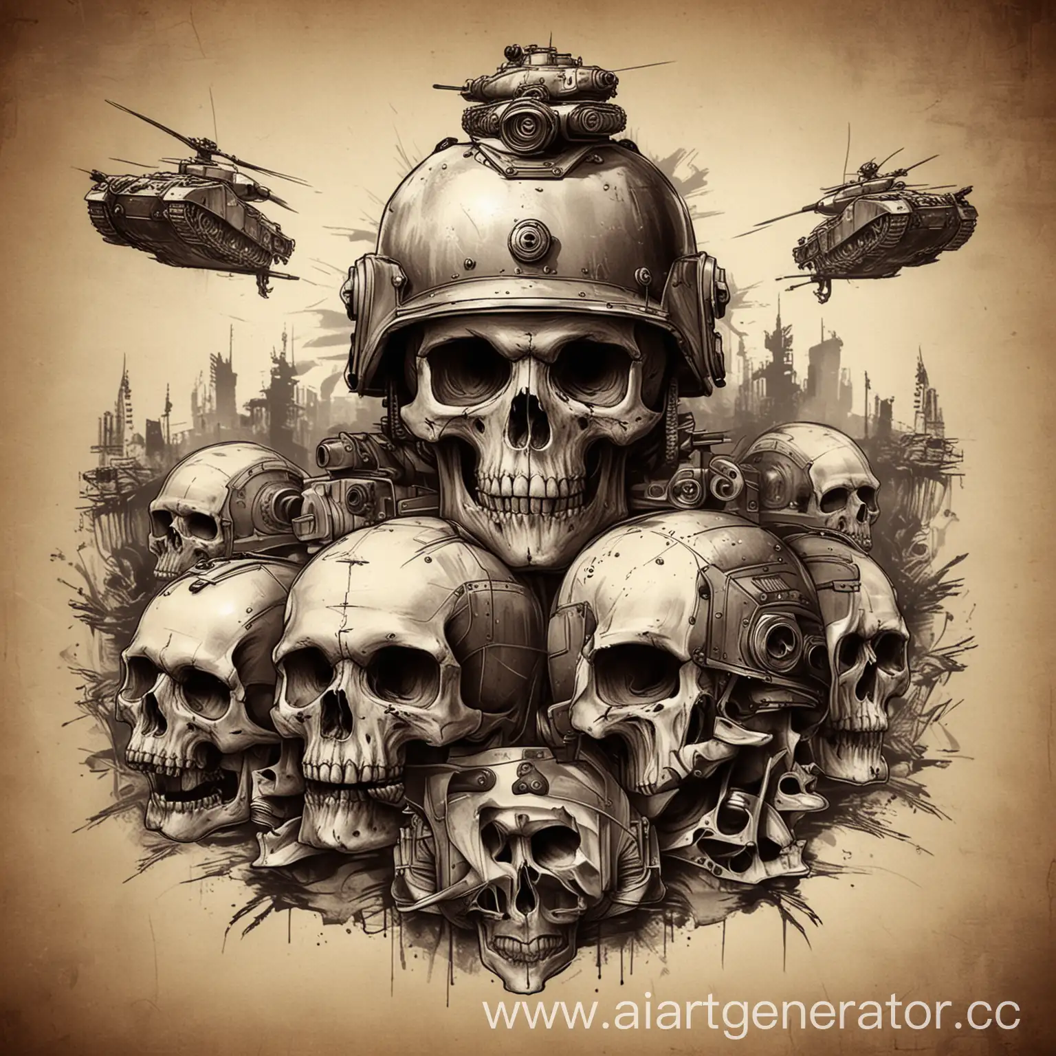 Skull-in-Helmets-with-Tank-Sketch-Tattoo-Design