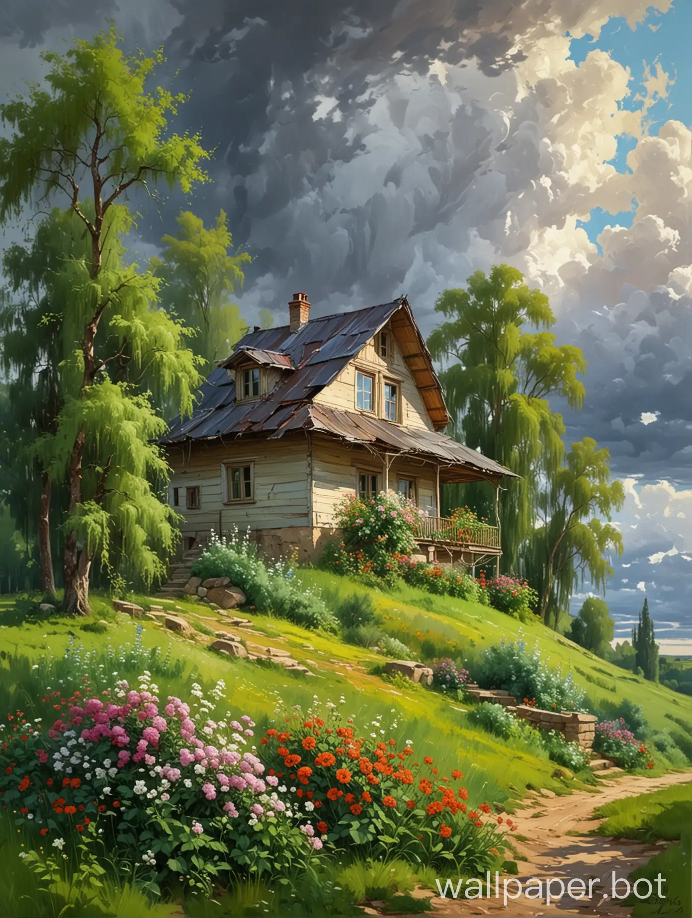 Vladimir-Gusev-Oil-Painting-Dark-Clouds-Over-Old-House-and-Lush-Green-Landscape
