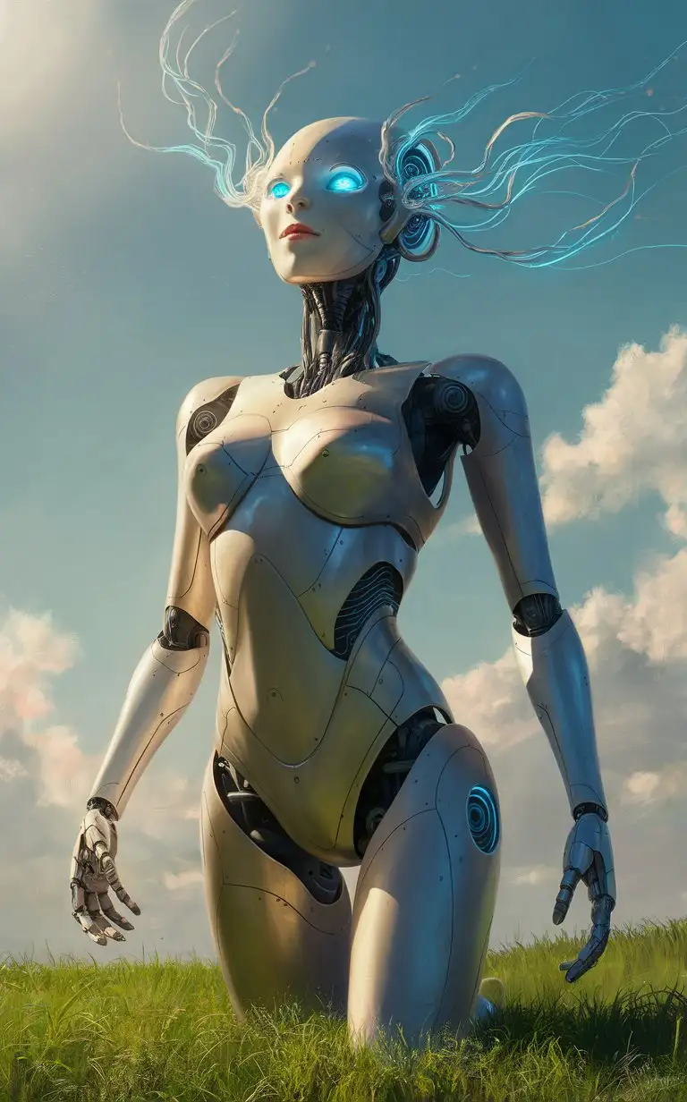 A neuro-bot, an advanced humanoid machine, standing full body gracefully on a lush green meadow under a clear blue sky. Its metallic body gleams in the sunlight, revealing intricate circuitry patterns and sleek, polished surfaces. The robot's eyes, a pair of glowing blue orbs, seem to hold an intense focus as they gaze upwards towards the heavens. Its posture is elegant and relaxed, with arms slightly bent at the elbows and hands resting loosely at its sides. The robot exudes an aura of serenity and enlightenment, as if it has achieved a state of perfect balance and harmony with its surroundings.