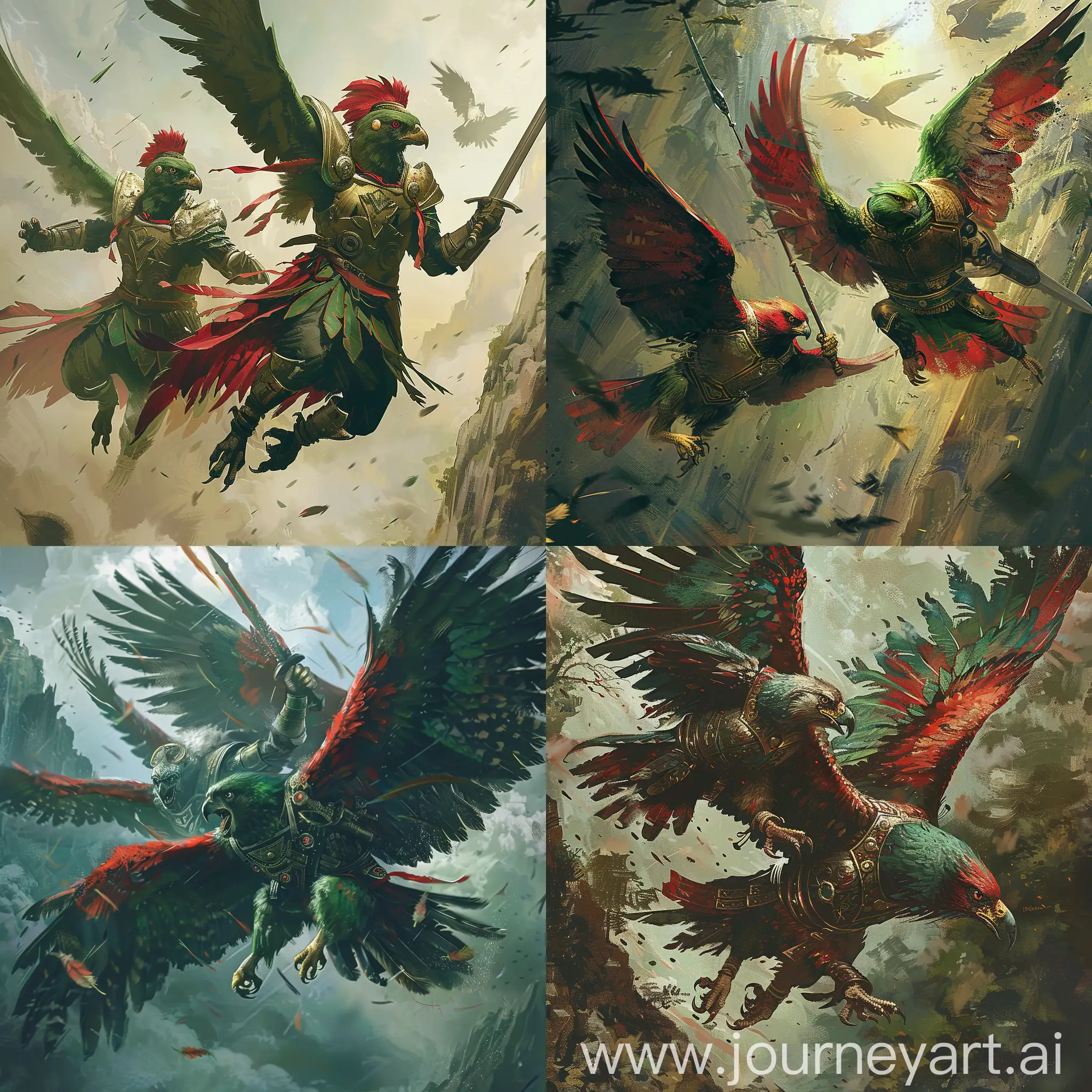 Green and Red Warrior Hawks Flying Into Battle Wearing Armor