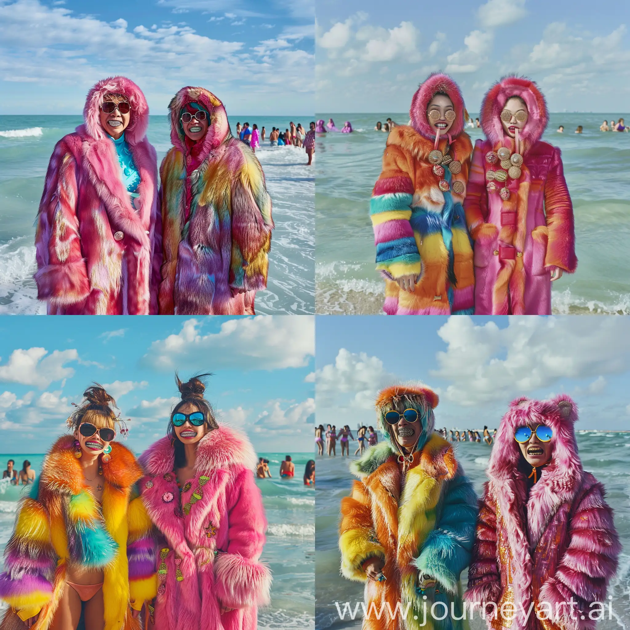 Русский и Казах с грилзами на зубах стоят на пляже в Майами в цветных шубах, сзади в море волна из девушек