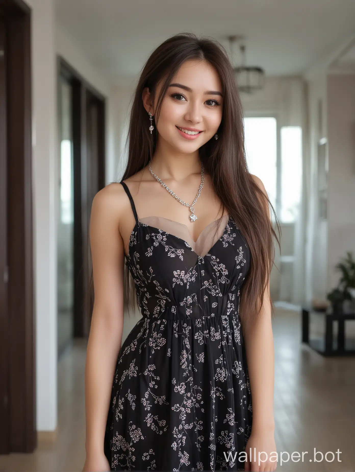 Generate an image of a 25 year old beautiful Kazakhstan cute pretty girl big tits ,  A-line Dress Transparent  ,  with a fair skin tone and long hair black. She has a round face with a smile. The background is a modern house interior. The camera shot captures her from head to foot full shot. She is wearing makeup and has a necklace , ear ring and bracelet on.
