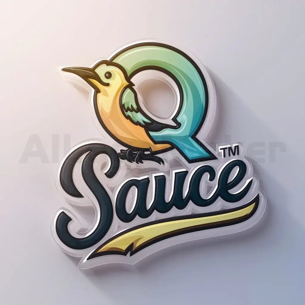 a logo design,with the text "Sauce", main symbol:incorporate colors in pastel tones predominantly featuring green, blue, and yellow, The logo must include a quetzal bird with the tail forming a distinct 'Q', The word 'Sauce' should be positioned underneath the 'Q', It should be clean, modern with a hand-drawn look and feel, hand drawn logo,.,Moderate,be used in 0 industry,clear background