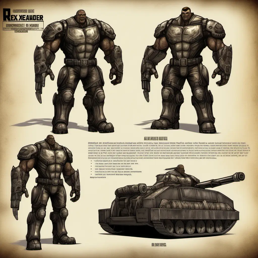 Character Sheet, a towering figure of authority turned renegade racer. Once a feared prison warden known for his iron-fisted rule, Rex now finds himself on the other side of the law, tearing up the track with his heavy armored vehicle. His imposing presence is matched only by the sheer brutality of his driving style. With a vehicle built like a tank, Rex bulldozes through obstacles and opponents with ruthless efficiency. He commands respect through fear, his stern demeanor and piercing gaze striking fear into the hearts of those who dare challenge him. Despite his authoritarian past, Rex is driven by a desire for freedom and redemption, willing to do whatever it takes to claim victory and leave his troubled past behind.