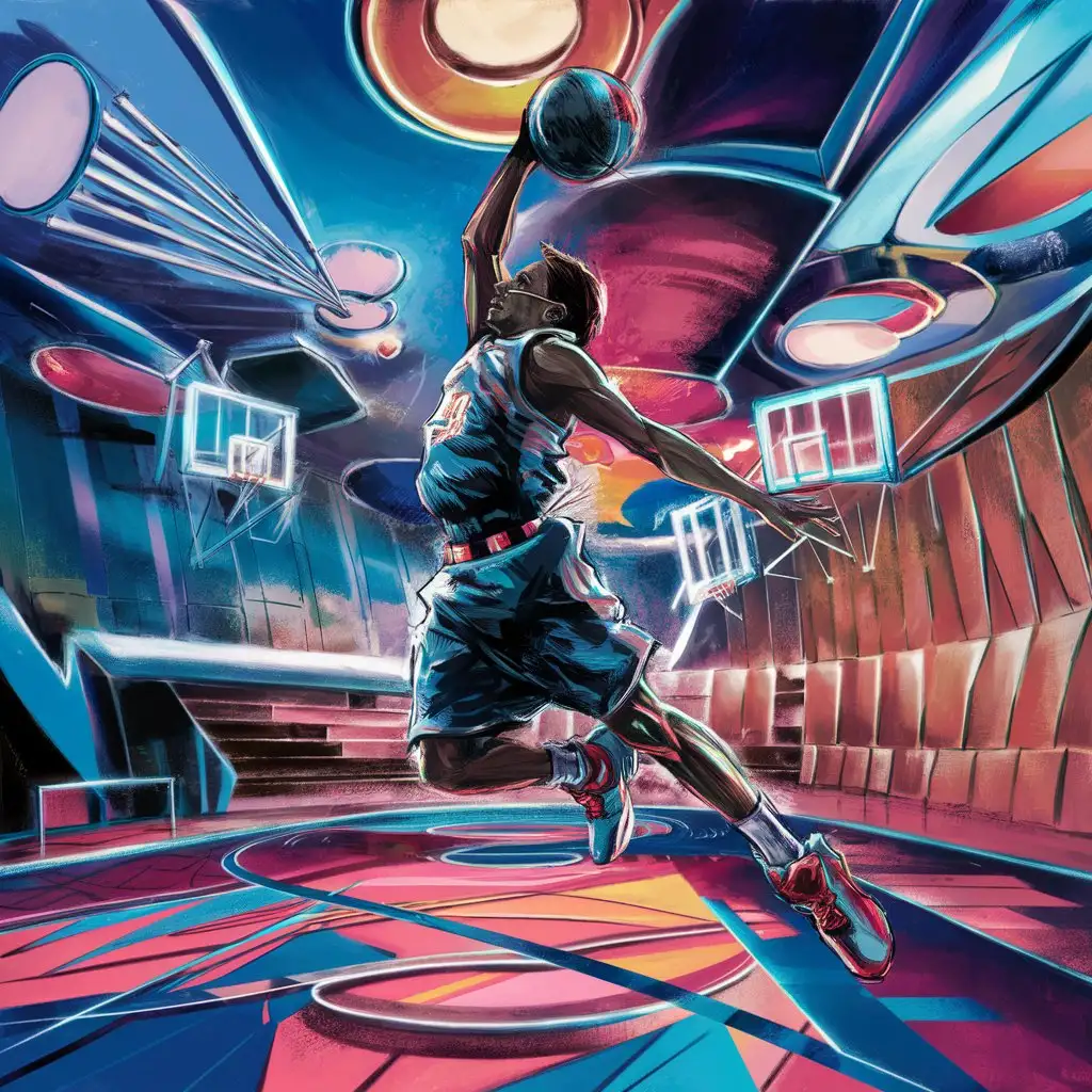A basketball player in action on a dynamic, abstract court.