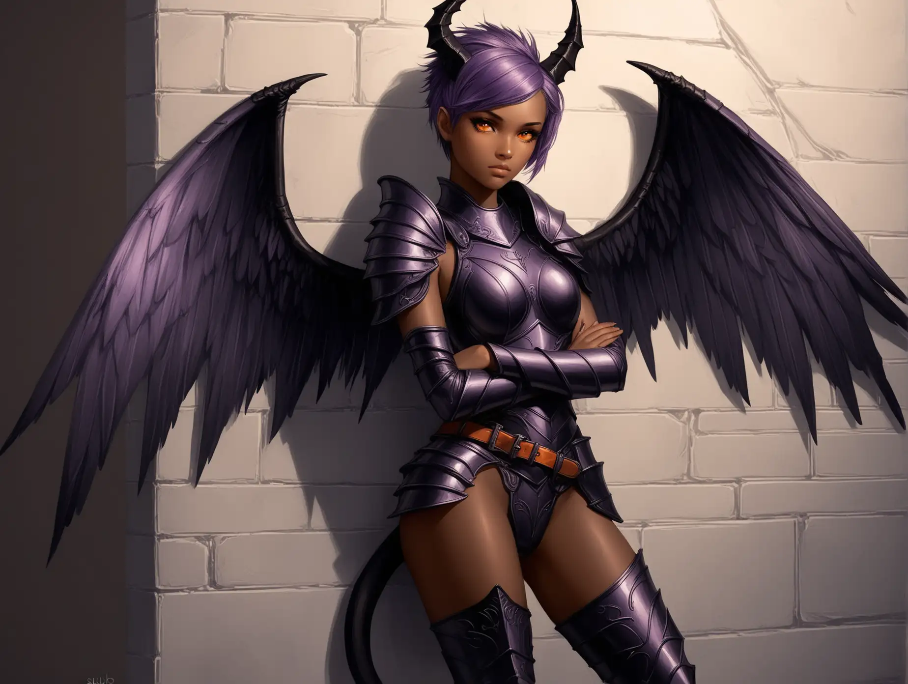 Fantasy-Sukub-Girl-with-Mohawk-in-Sexy-Armor-Leaning-Against-Wall