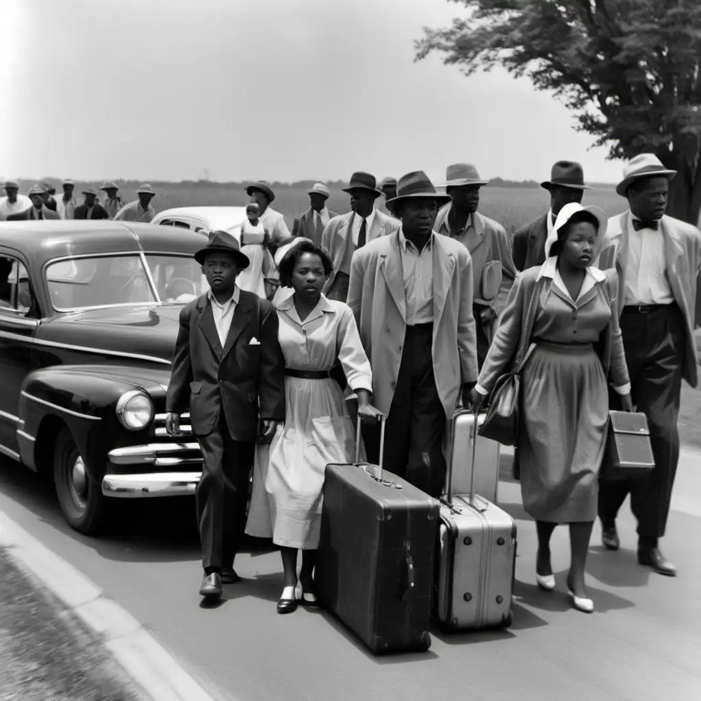 African American men, women and children with suitcase, in cars, leaving rural areas, during the  great migration, 1950