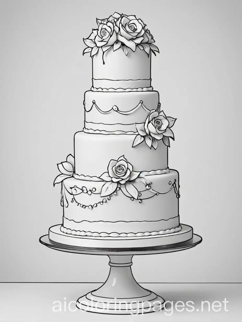 A wedding cake, Coloring Page, black and white, line art, white background, Simplicity, Ample White Space. The background of the coloring page is plain white to make it easy for young children to color within the lines. The outlines of all the subjects are easy to distinguish, making it simple for kids to color without too much difficulty