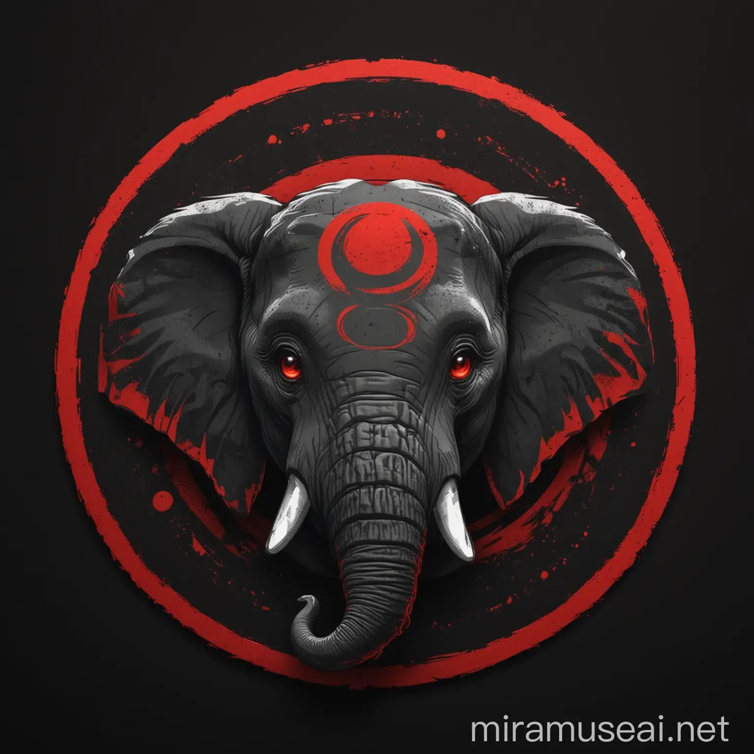 Front View of Elephant Face in Red Circle on Black Background