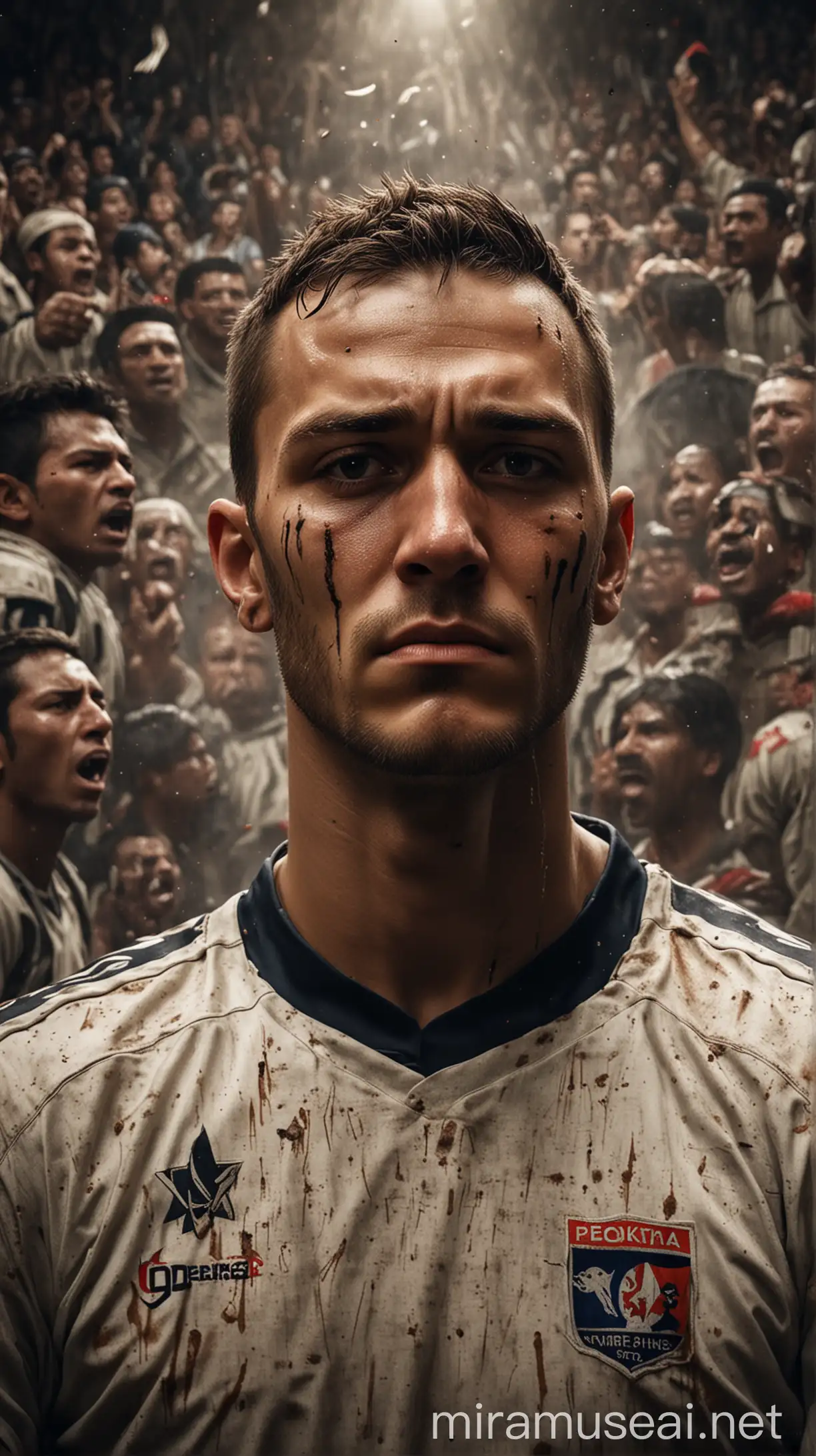  Depict the emotional and tense final moments of the losing team's captain in the Pokotar game, with a ceremonial backdrop, emphasizing the cultural significance and brutality of the game.. hyper realistic