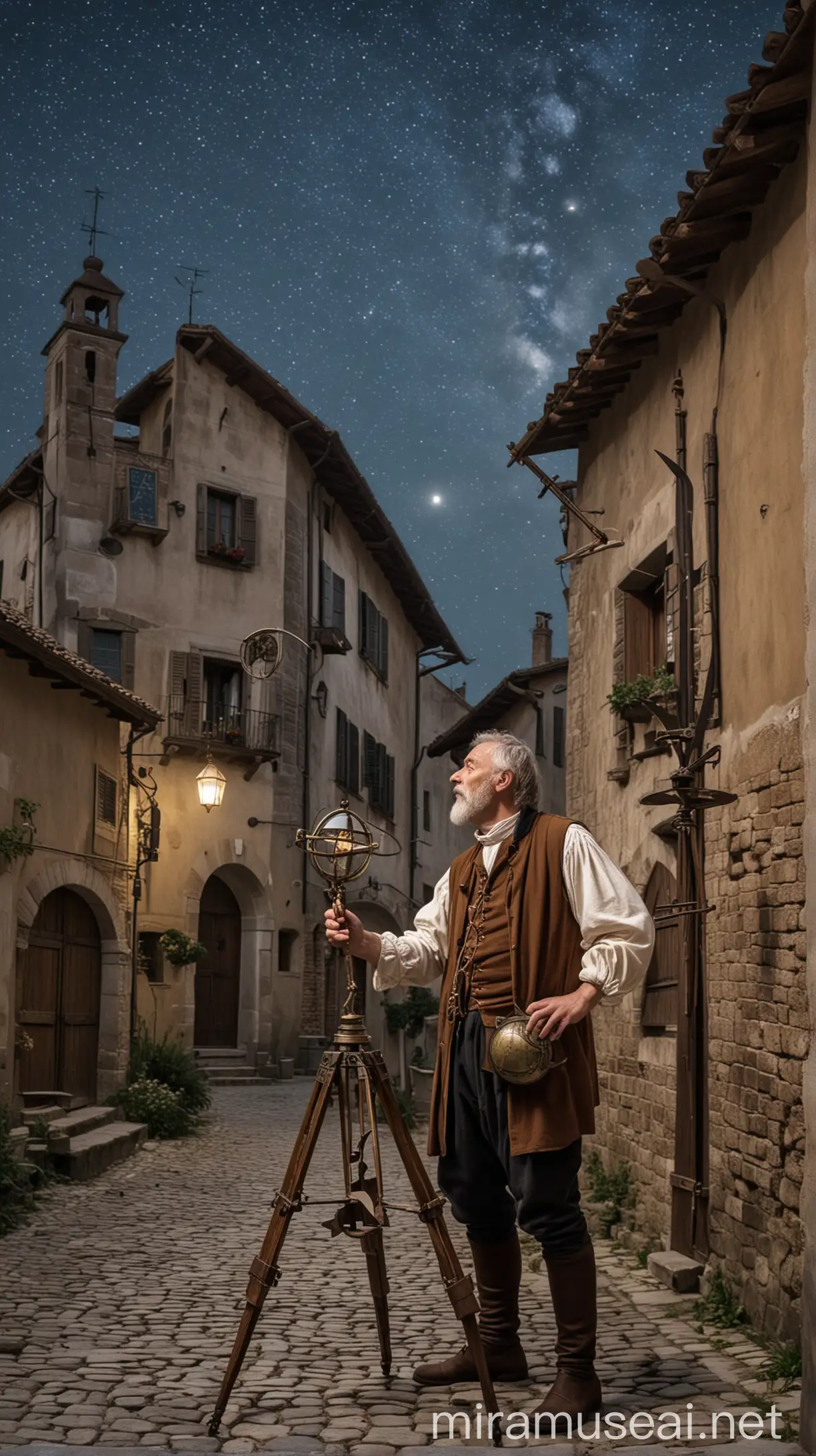 An 16th century Astronomer from the times of Galileo holding a sextant or octant up to the night sky. He is in an old Italian village. Include an armillary sphere next to him.