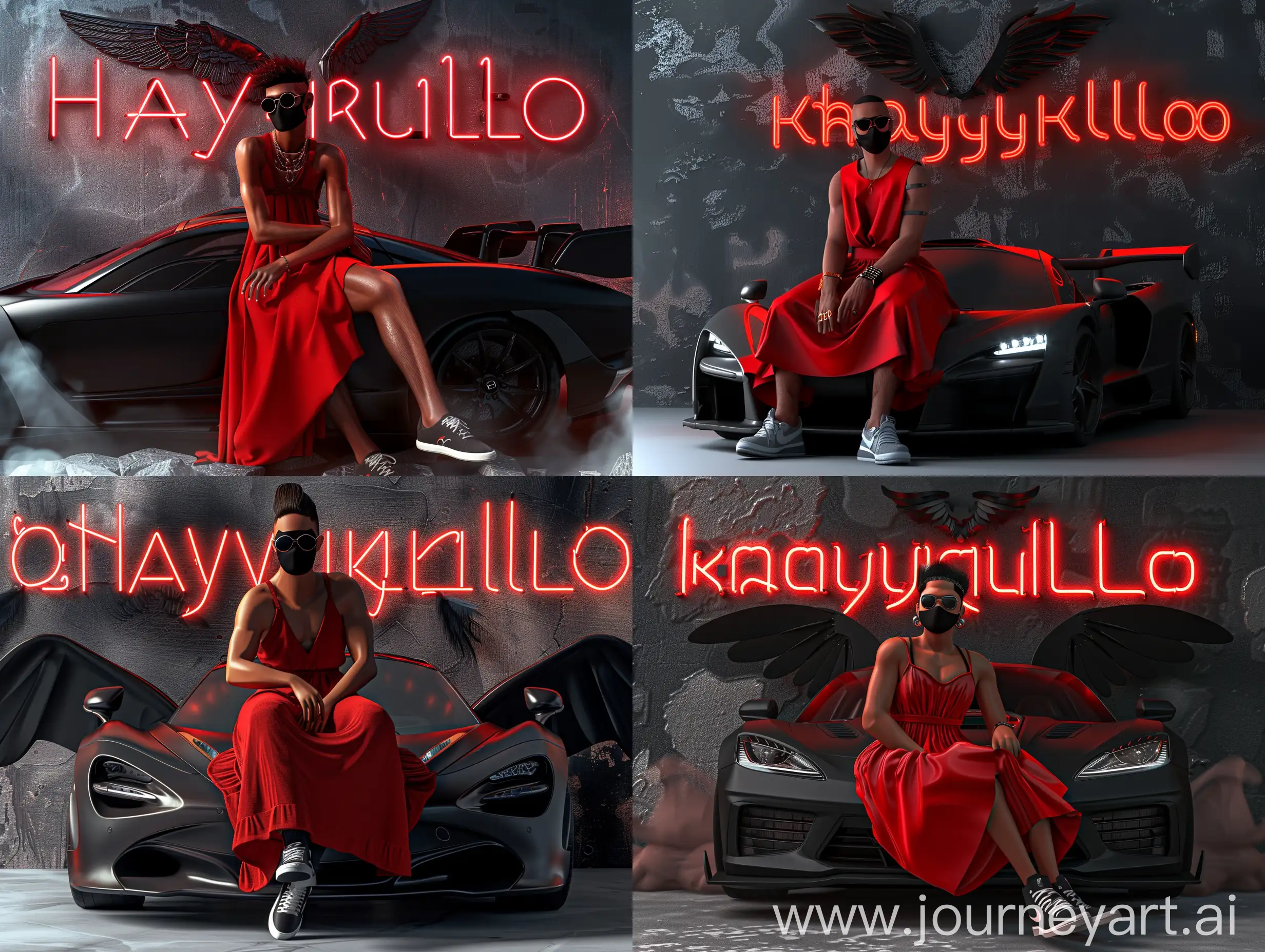 3RD PROMPT :- create a 3D illusion for a profile picture where a 25 year old boy attitude BOY in a red dress and sunglasses sitting casually on a wingback black Super car, wearing sneakers, with black mask, and sunglasses, be looks ahead, the background features khayrullo in big and capital Light Red neon font on the dark grey wall, there should not be his shodow, and there are wings to make it appear as if be is an angel.