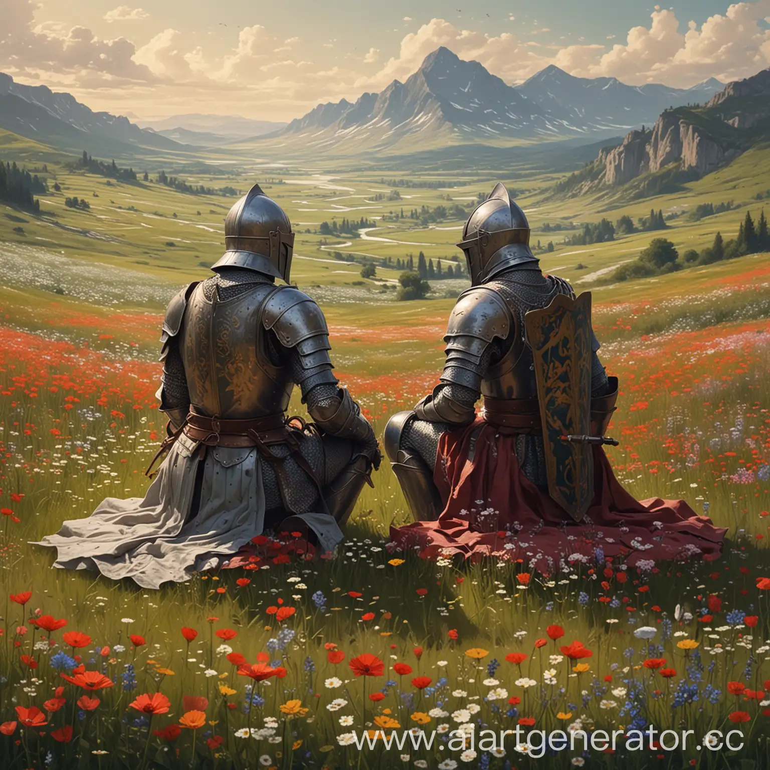 нарисуй мне двух рыцарей сидящих на полянке полной цветов на горизонте будут  длинные горы так же заполненные цветами