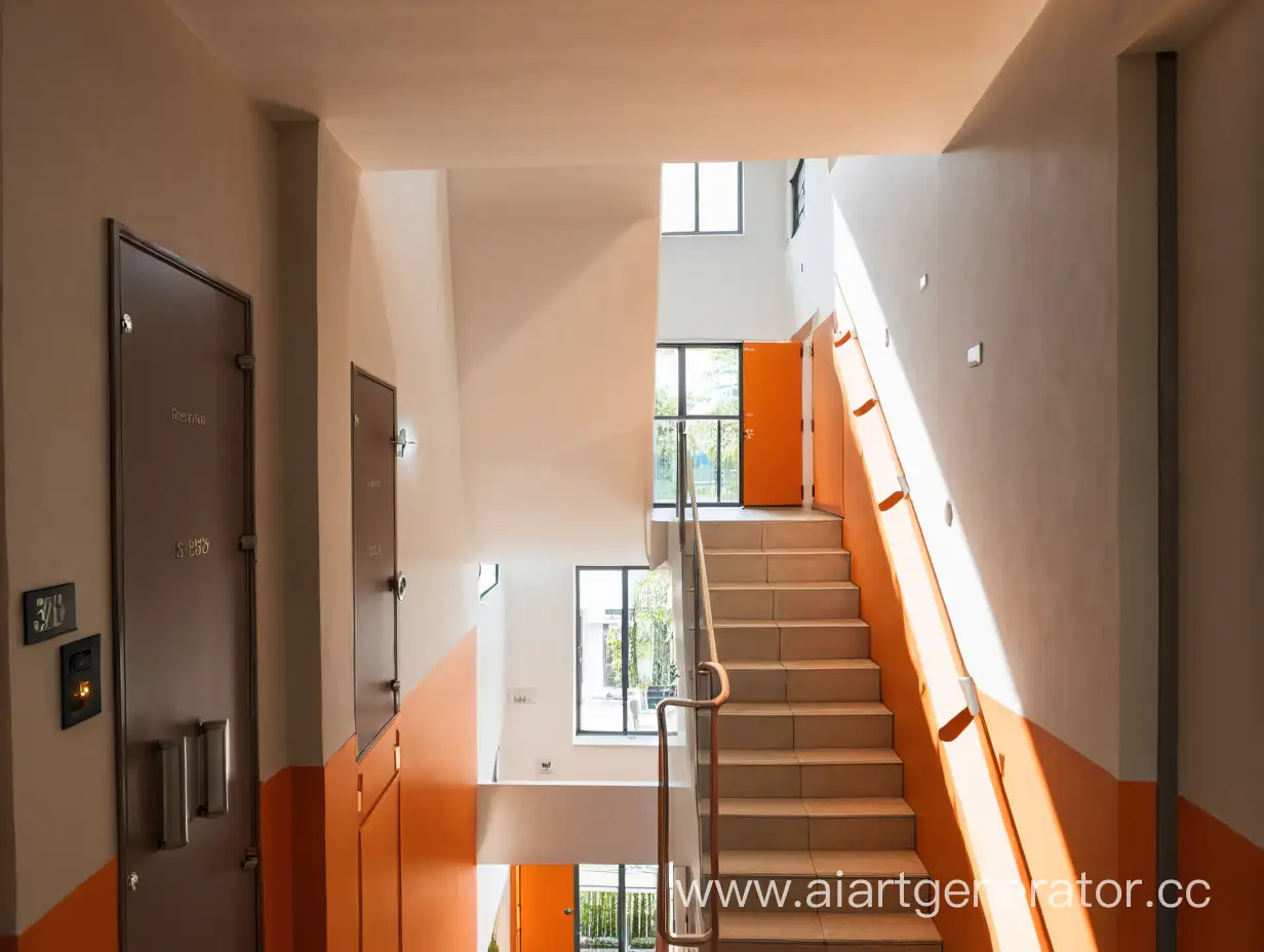 Three-Orange-Entrance-Doors-with-Numbered-Signage-and-Stairs