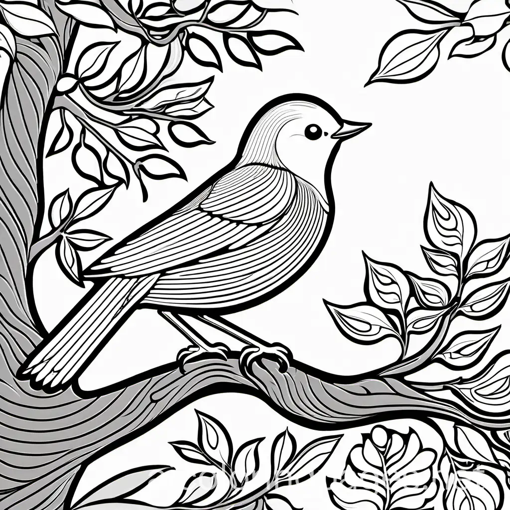 Beautiful Bird resting on tree, Coloring Page, black and white, line art, white background, Simplicity, Ample White Space. The background of the coloring page is plain white to make it easy for young children to color within the lines. The outlines of all the subjects are easy to distinguish, making it simple for kids to color without too much difficulty