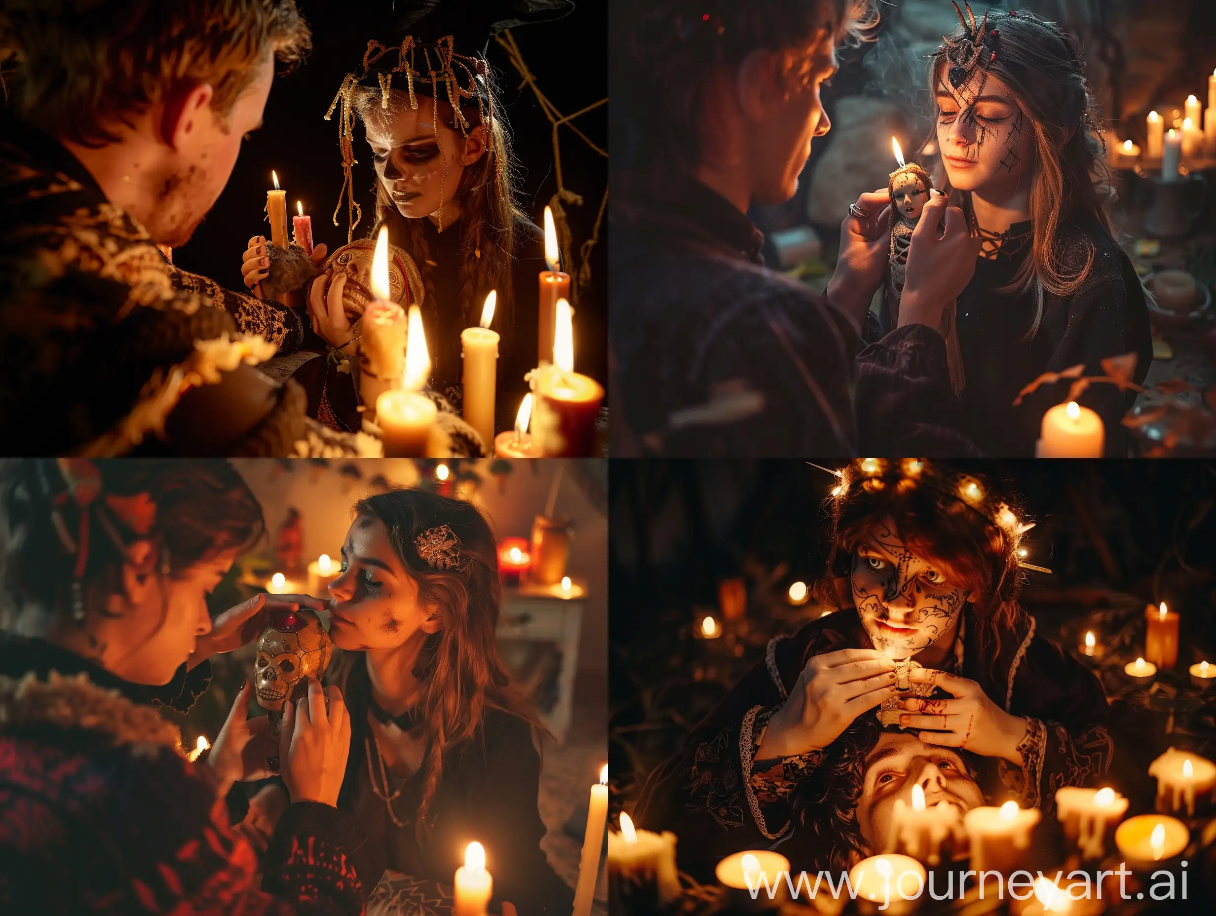 A young witch is using a voodoo doll to enchant a man, very mysterious, a lot of candles, a very detailed prize-winning photo, cinematic
