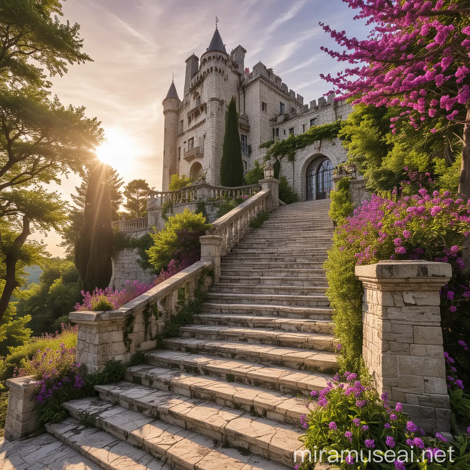 castillo con arboles con flores moradas y escaleras de mármol con barandal de mármol y el sol poniéndose 