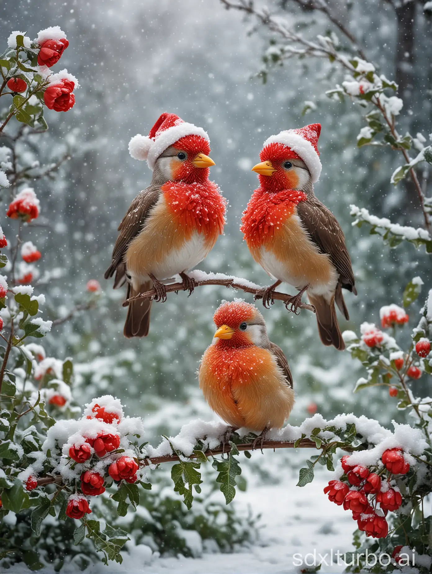 Colorful-Birds-in-Winter-Wonderland-with-Red-Knitted-Scarf-and-Santa-Hat