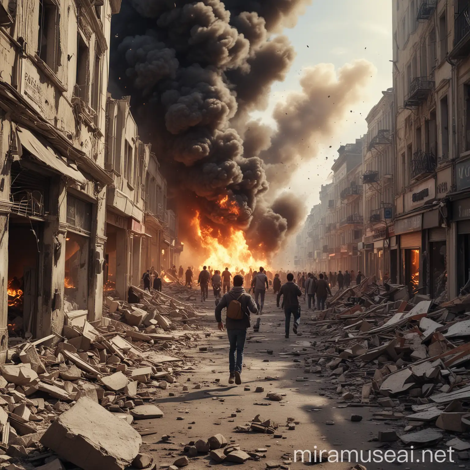 Rubble of a shop in a chaotic city, dazed person standing, people running and screaming, buildings on fire, multiple explosions, uninjured person amidst debris
