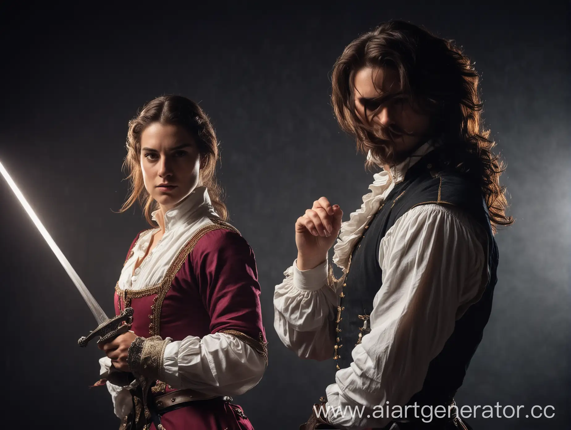 Dramatic-Duel-Musketeer-dArtagnan-Confronts-Seductive-Milady-in-Colored-Lighting