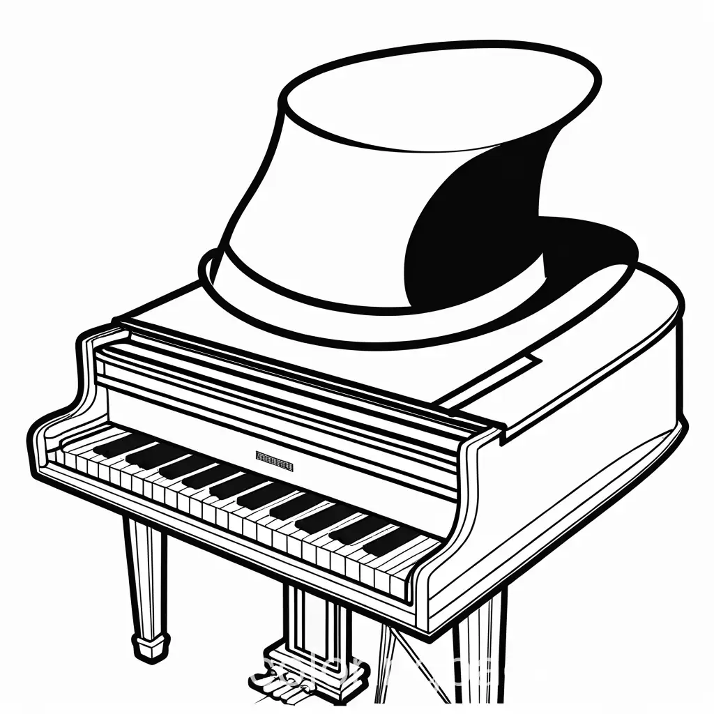 elektrische piano met een hoge hoed op, Coloring Page, black and white, line art, white background, Simplicity, Ample White Space. The background of the coloring page is plain white to make it easy for young children to color within the lines. The outlines of all the subjects are easy to distinguish, making it simple for kids to color without too much difficulty