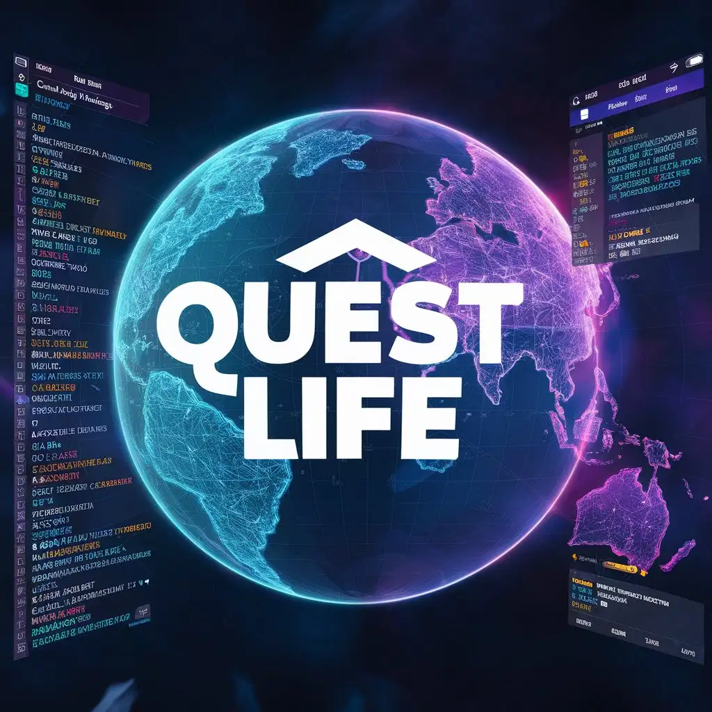 экран мобильного приложения «Quest Life» , синие фиолетовые акцентами, голографической картой мира, списком ежедневных задач и окном чата с аватаром друга.