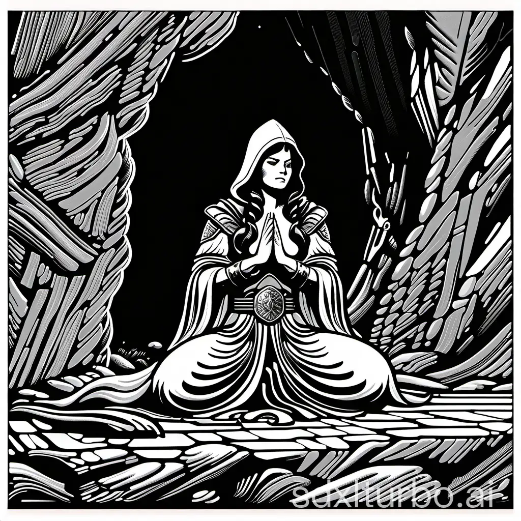 style of 1978 dungeons and dragons, by Larry Elmore, 1bit bw, white background, isolated on white, subject only, a pretty female warrior praying,