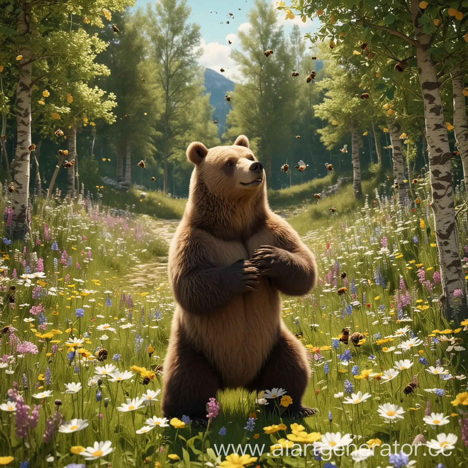 Animated-Bees-and-Bear-in-a-Glade-with-Unopened-Flowers