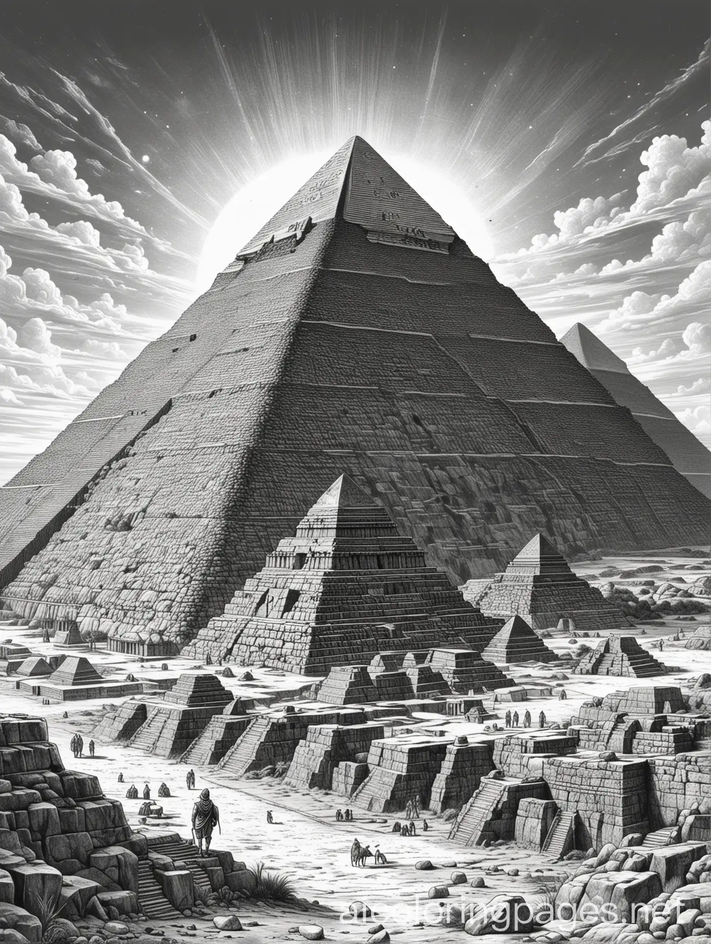 ancient civilizations and pyramids, dark area, Coloring Page, black and white, line art, white background, Simplicity, Ample White Space. The background of the coloring page is plain white to make it easy for young children to color within the lines. The outlines of all the subjects are easy to distinguish, making it simple for kids to color without too much difficulty