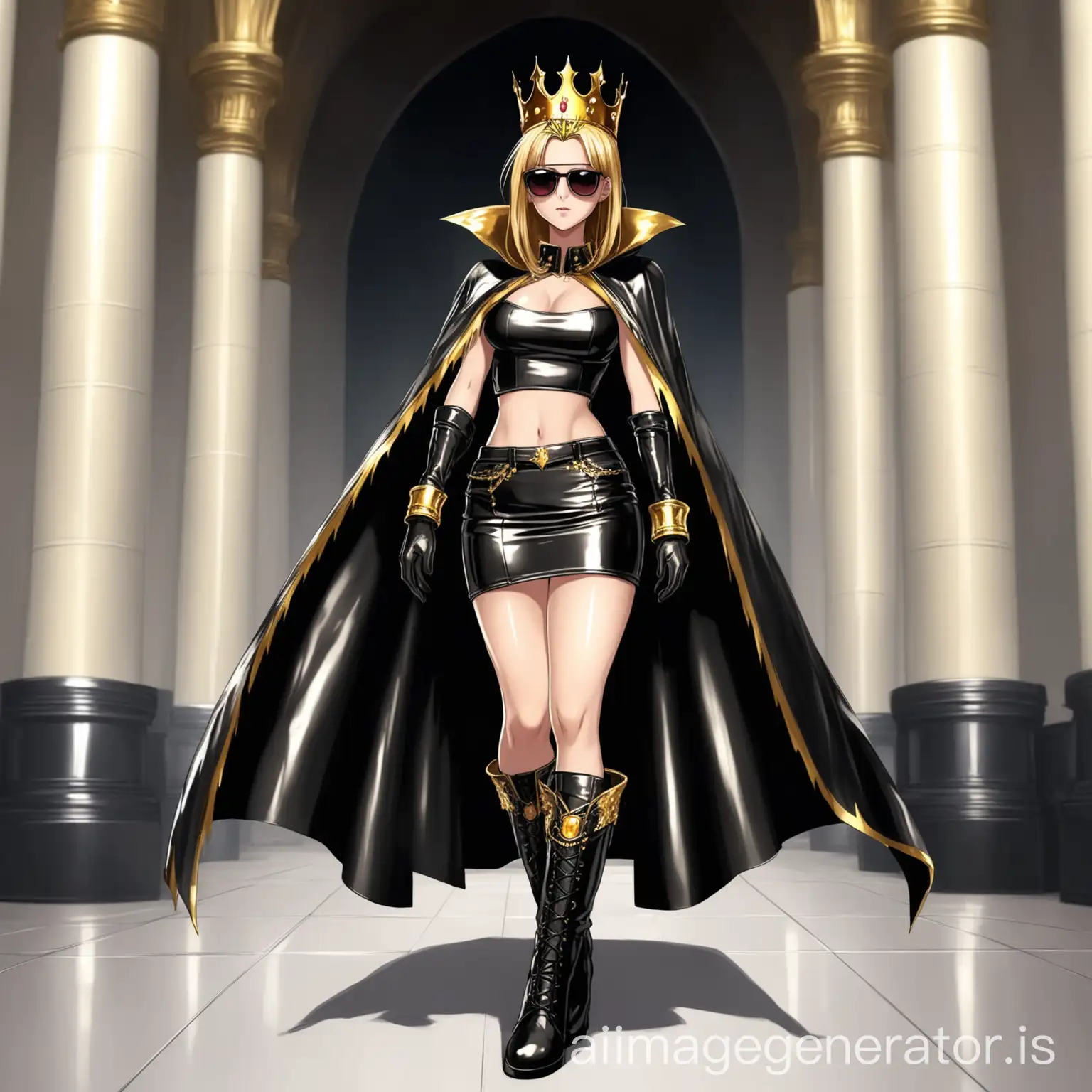 hot anime girl in an attractive modern leather dress wearing a croptop, a formal skirt, long leather gloves, long leather boots, a cape, a pair of cool shades and a golden crown