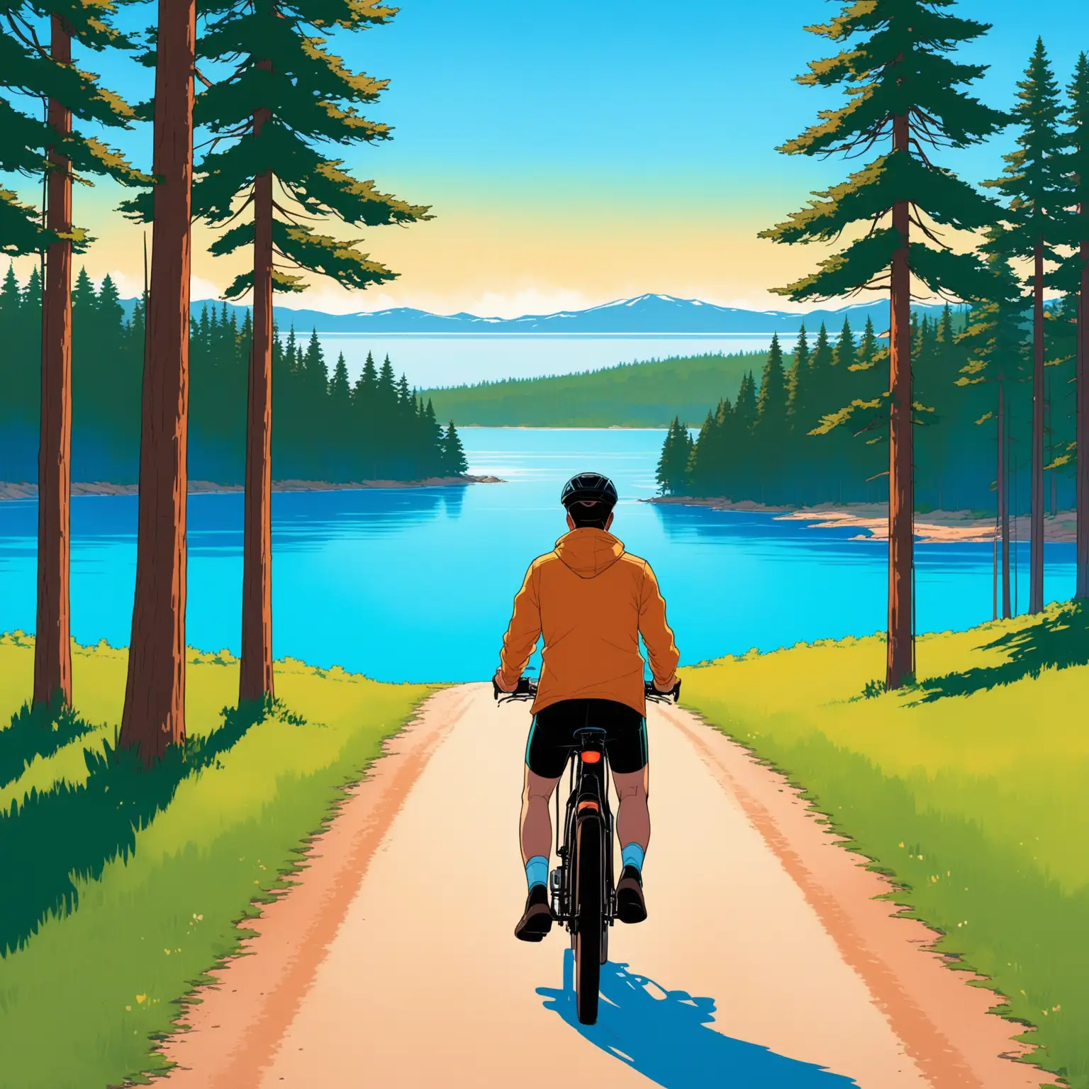 simple colorful illustration of rear view of a man on a bike on a trail that leads to a blue lake. pine trees in the distance on the horizon