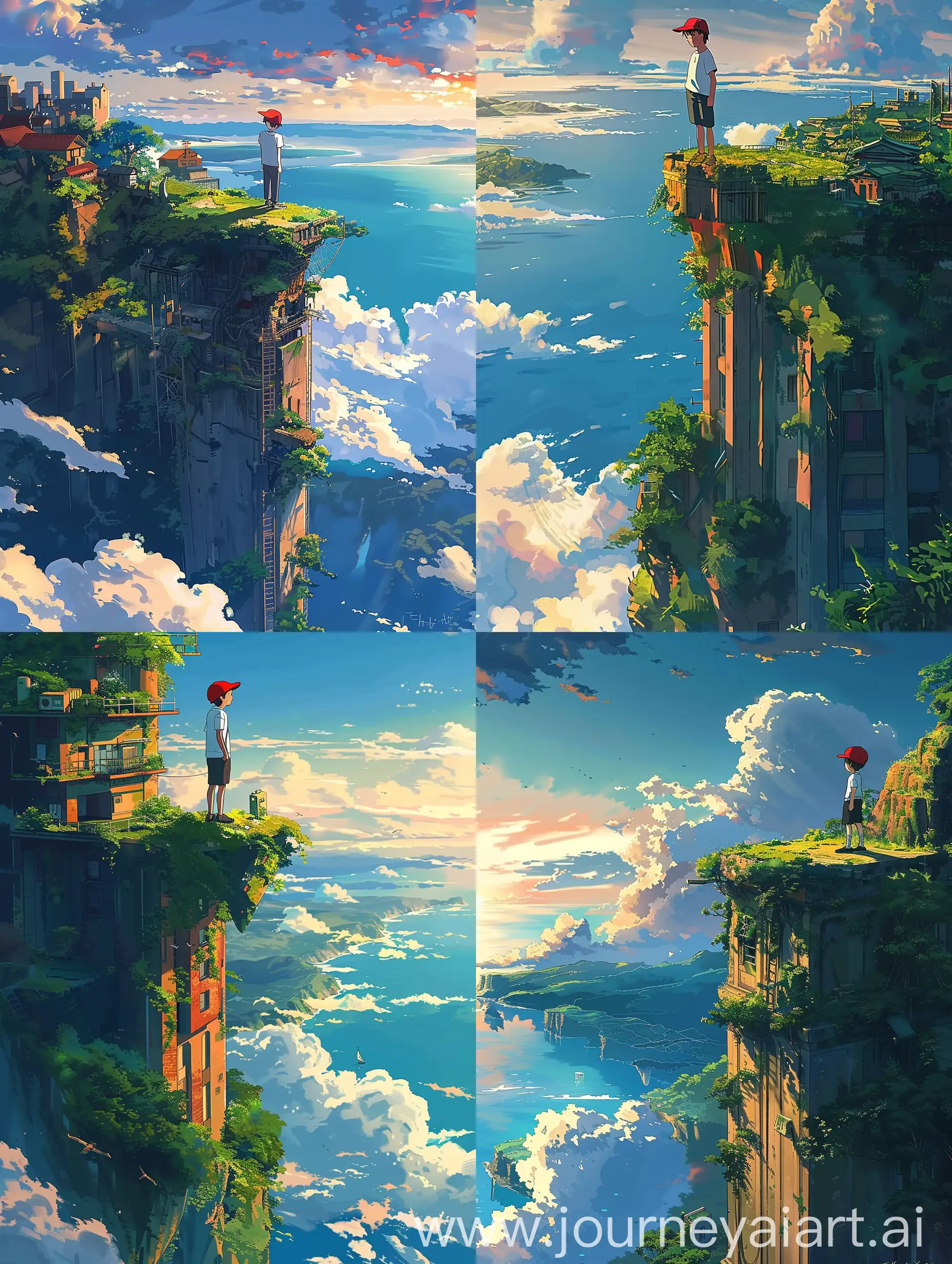 Boy-in-Red-Cap-Overlooking-Ocean-at-Sunset-Studio-Ghibli-Style-Fantasy-Art