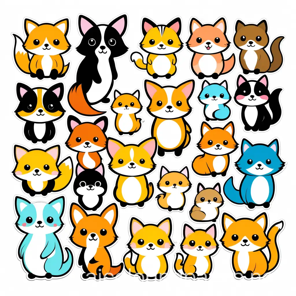 A collection of ten adorable cute cartoon animal stickers. The animals include a corgi, kola, a seahorse, a cat, a hamster, a red panda, a penguin, a axolotl, a flamingo, and a fox. Each animal is drawn in a vivid and colorful style, with expressive eyes and engaging poses., vibrant, illustration______, Coloring Page, black and white, line art, white background, Simplicity, Ample White Space. The background of the coloring page is plain white to make it easy for young children to color within the lines. The outlines of all the subjects are easy to distinguish, making it simple for kids to color without too much difficulty
