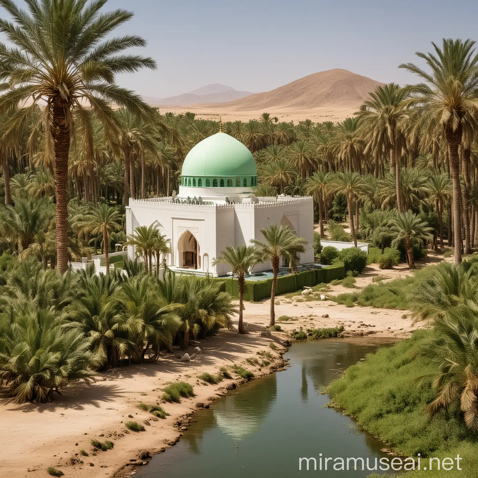 Green Domed Mosque in Desert Oasis with Palm Trees and River