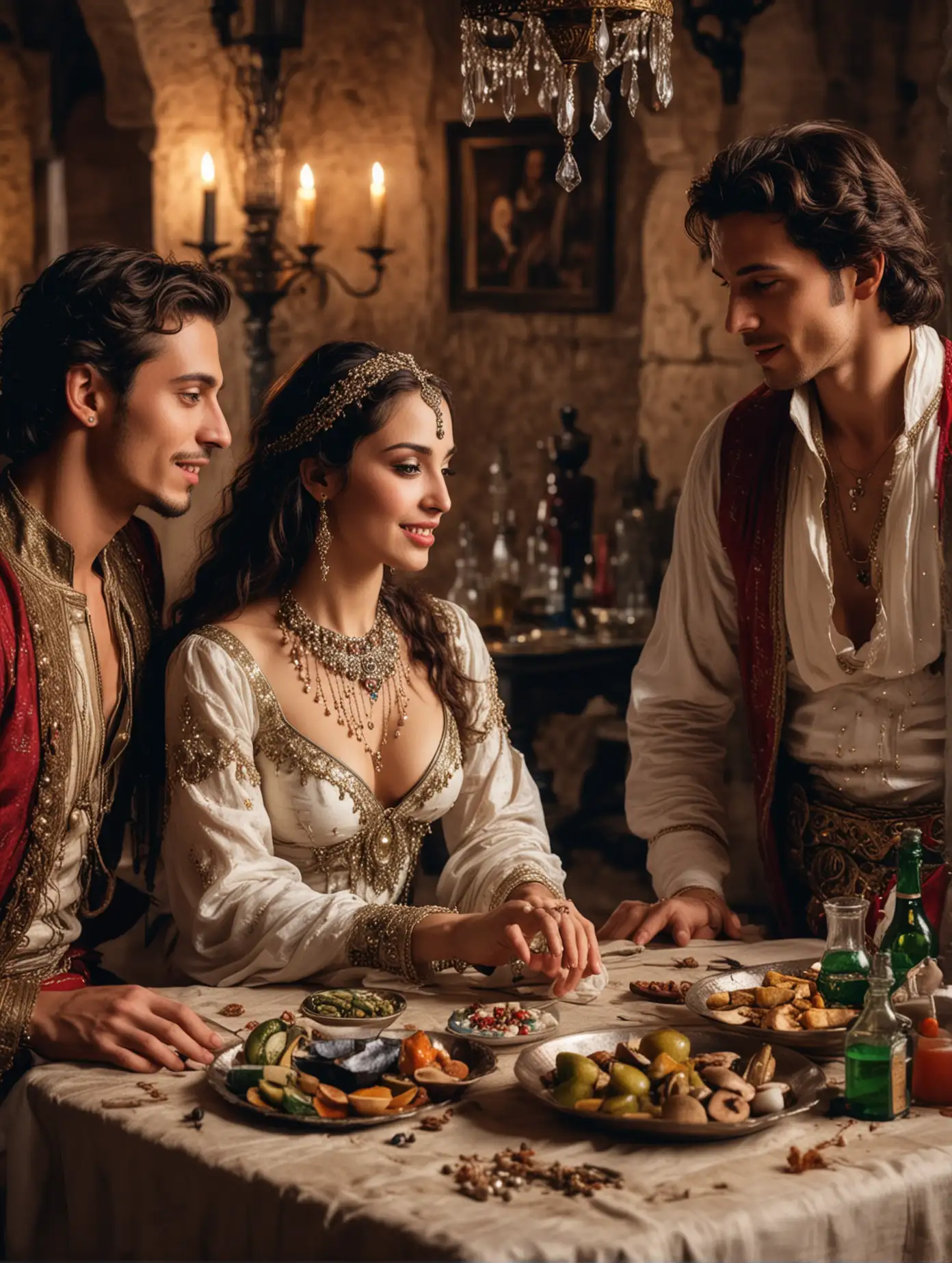 A hall in 17th century castle, close view of intimate and joyful talk between beautiful belly dancer surrounded by two handsome young man, light dress, sitting at a table with bottles and dishes ant night