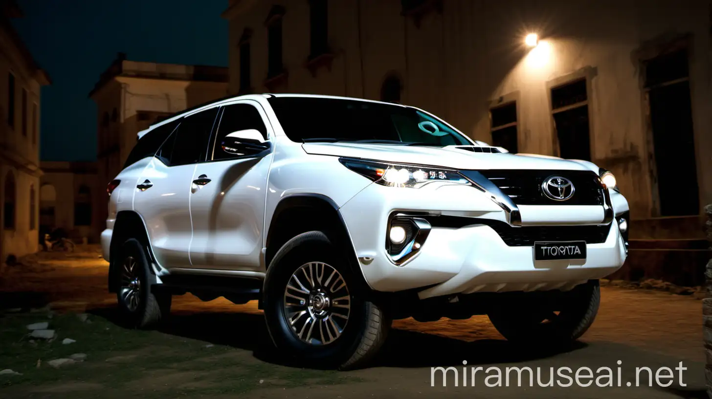 White Toyota Fortuner SUV Parked at Night Beside an Old Building