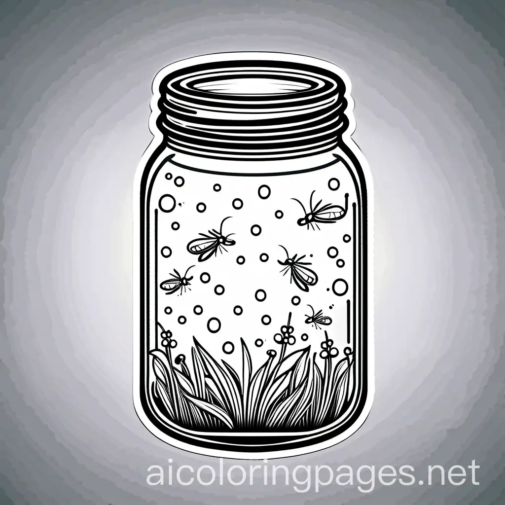 large mason jar with a few large lightning bugs inside and around, Coloring Page, black and white, line art, white background, Simplicity, Ample White Space. The background of the coloring page is plain white to make it easy for young children to color within the lines. The outlines of all the subjects are easy to distinguish, making it simple for kids to color without too much difficulty